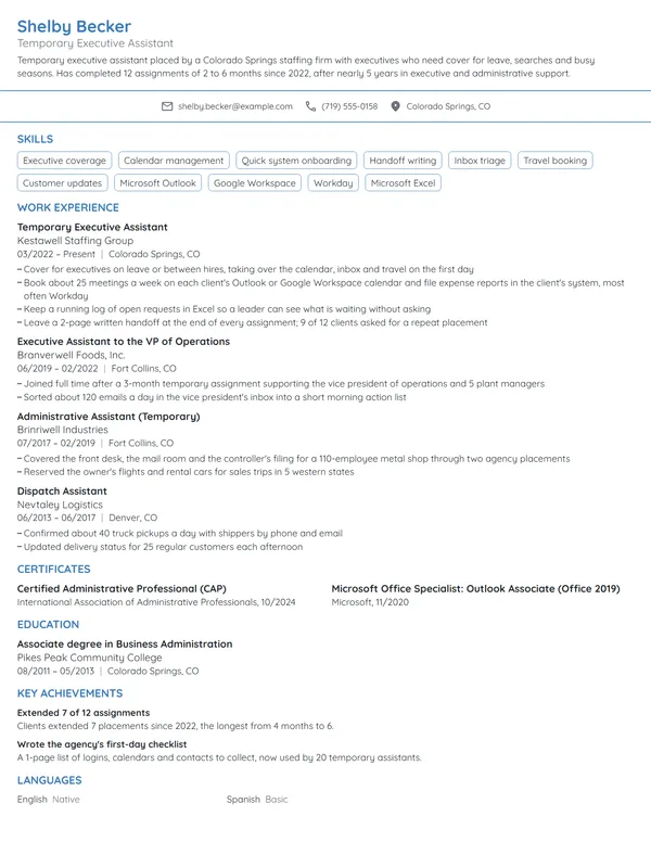 Temporary Executive Assistant resume example