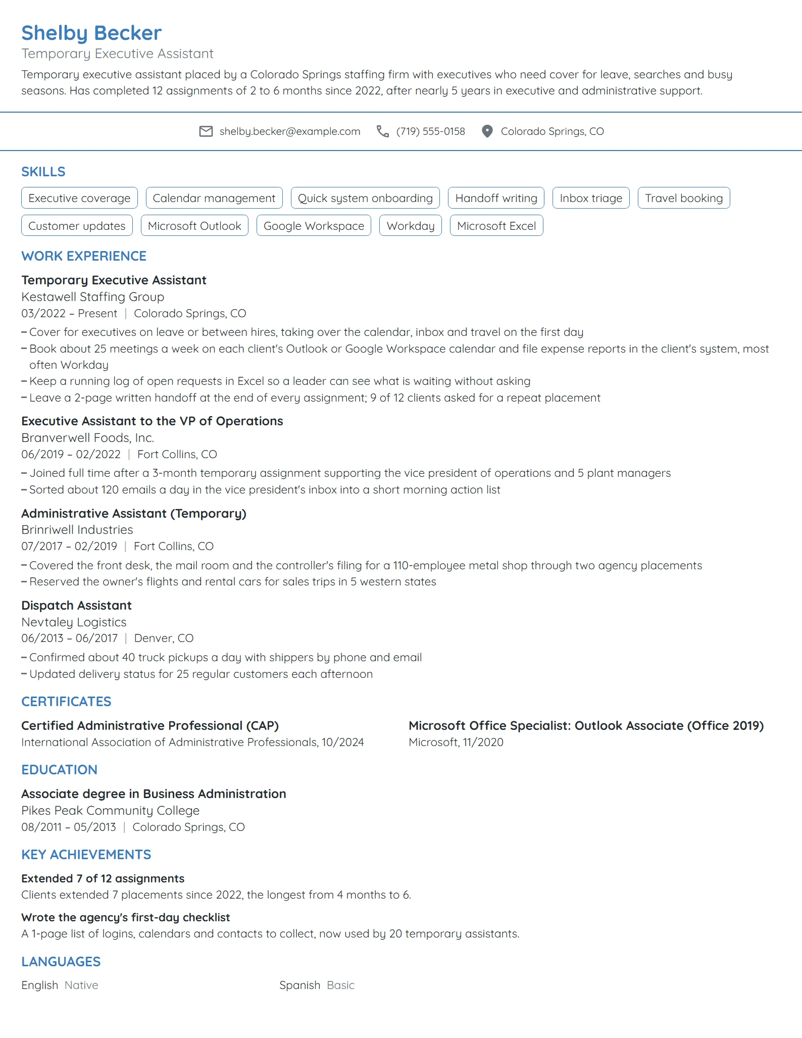 Temporary Executive Assistant resume example