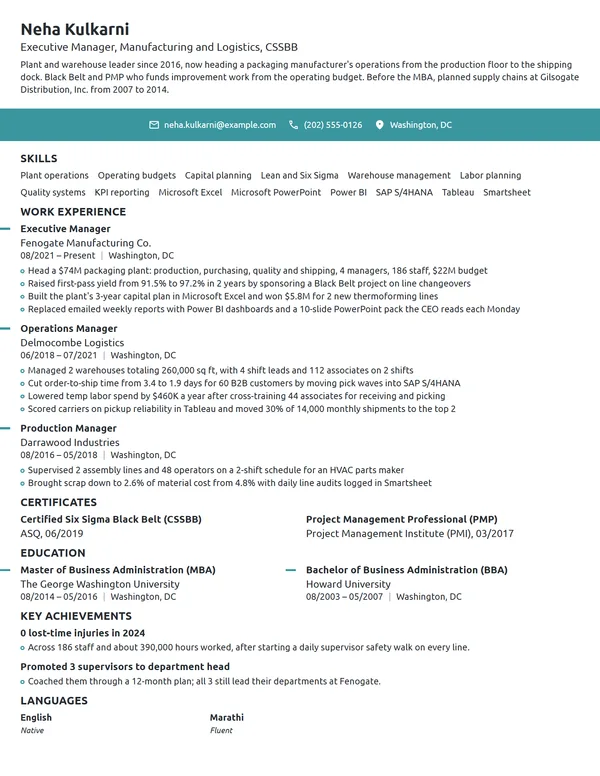 Executive Manager resume example