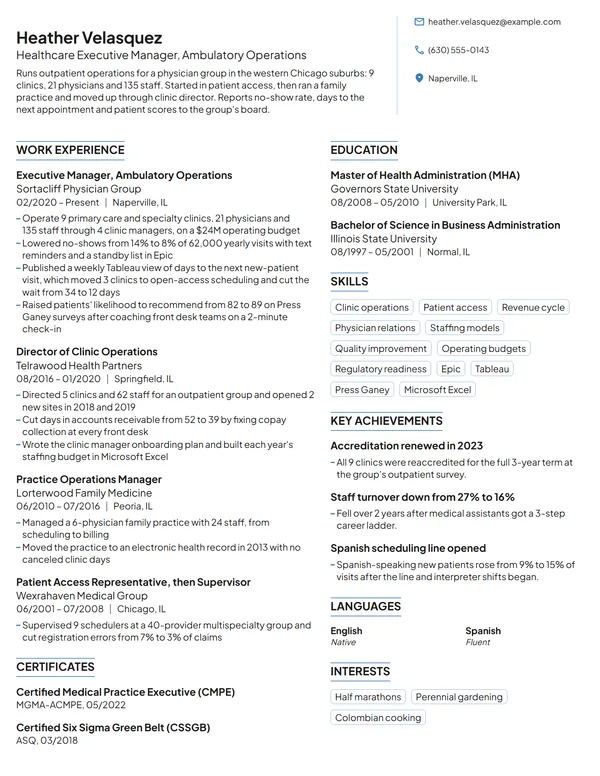 Healthcare Executive Manager resume example