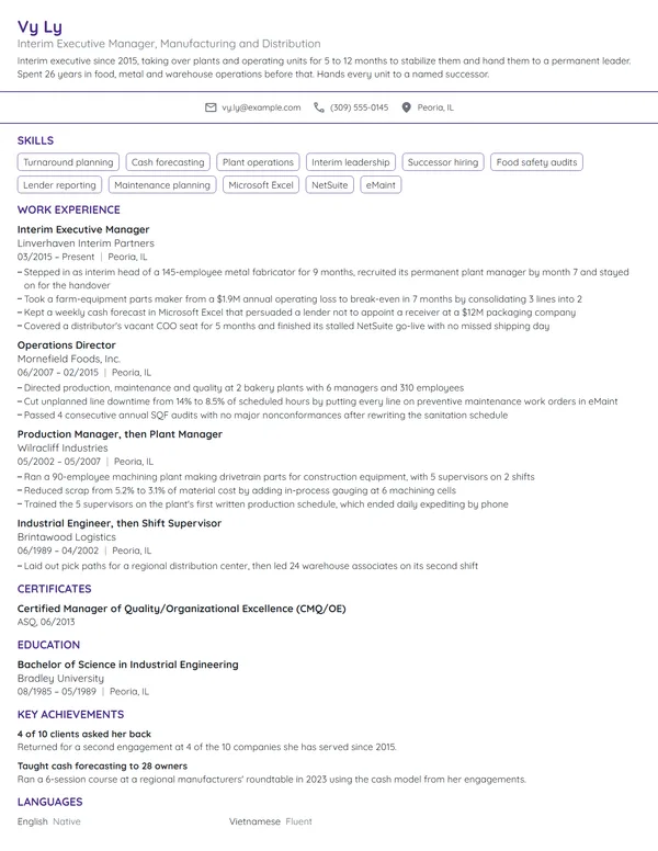 Interim Executive Manager resume example