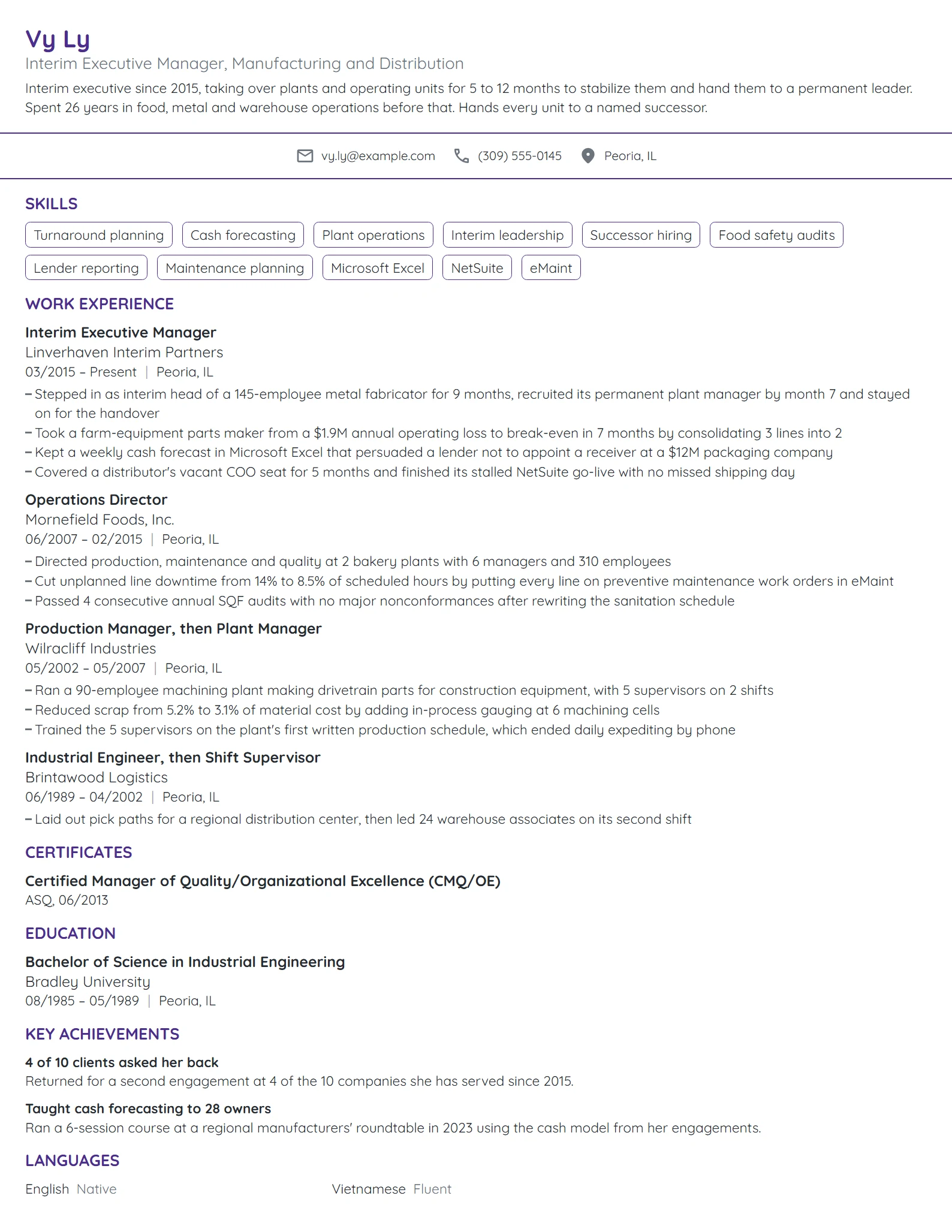 Interim Executive Manager resume example