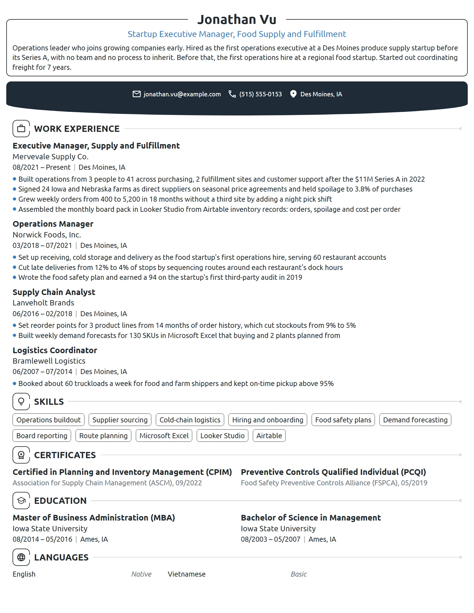 Startup Executive Manager resume example