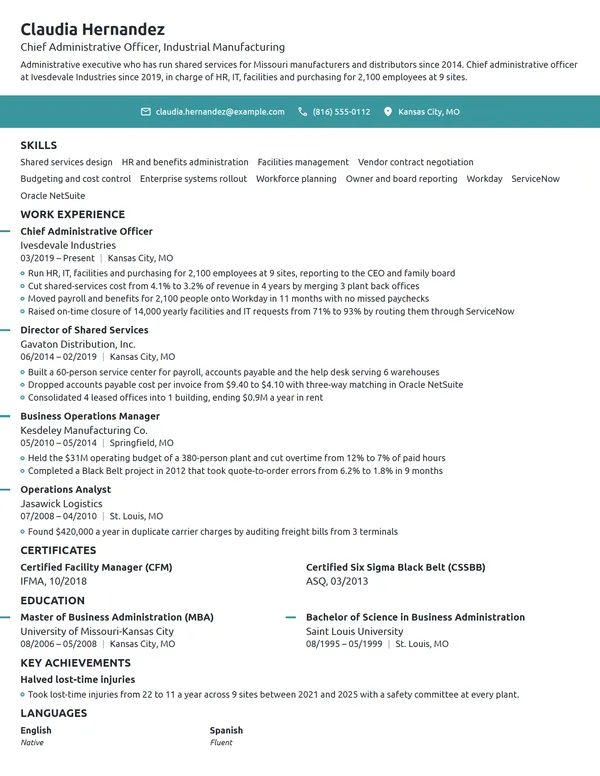 Chief Administrative Officer resume example