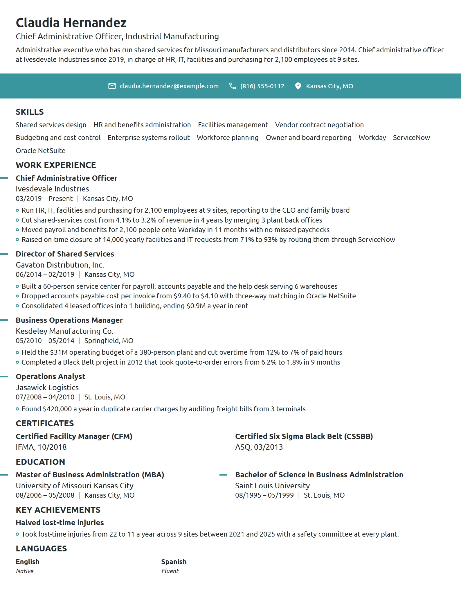 Chief Administrative Officer resume example