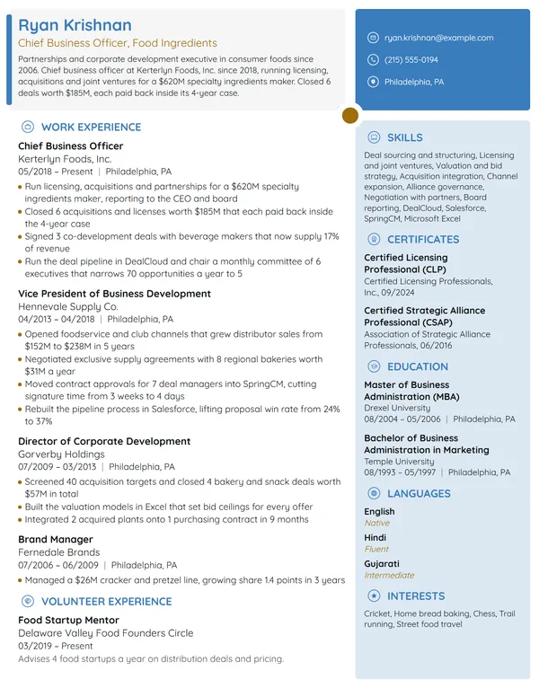 Chief Business Officer resume example