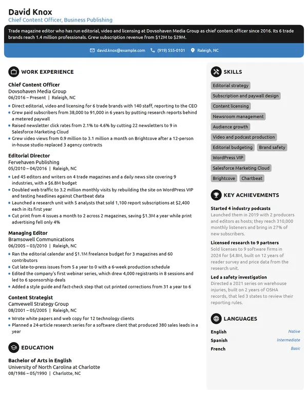 Chief Content Officer resume example