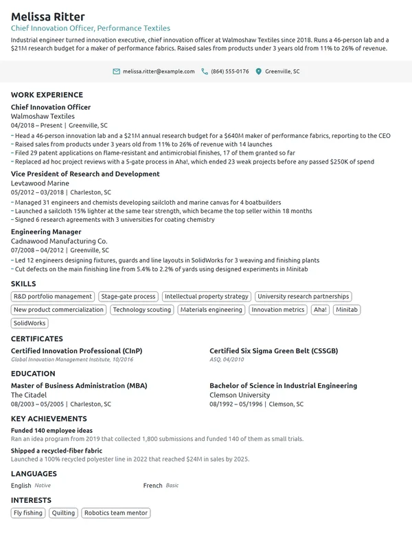Chief Innovation Officer resume example