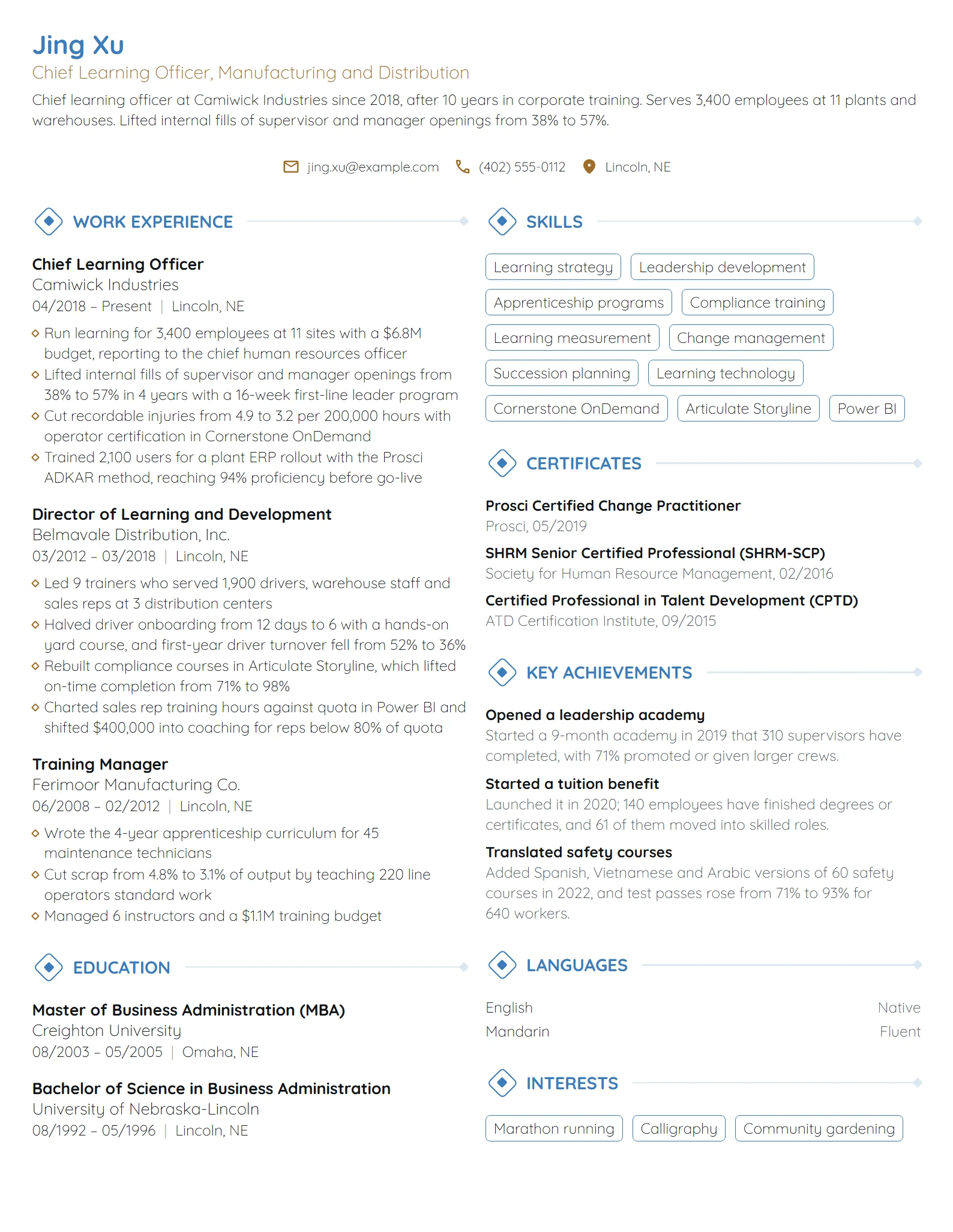 Chief Learning Officer resume example