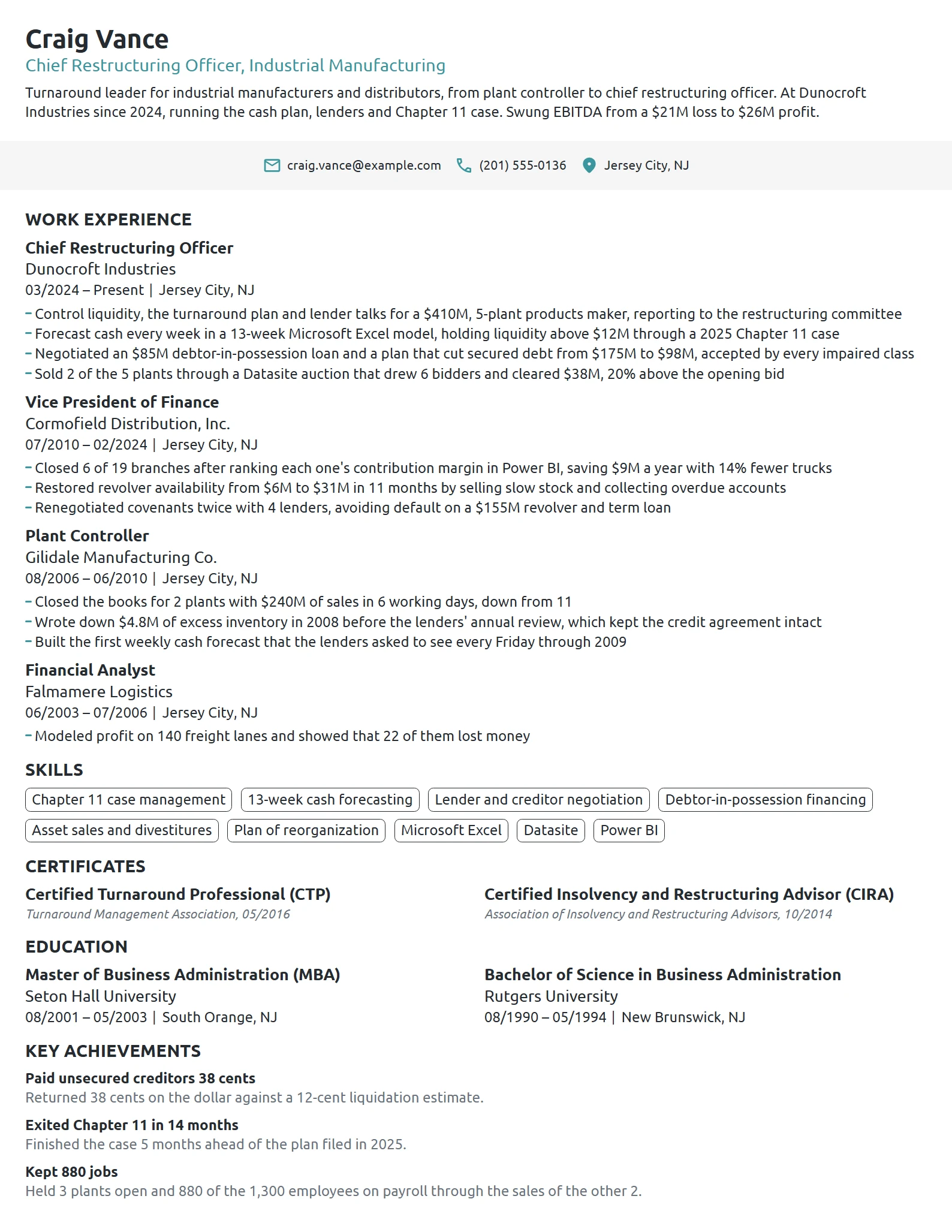 Chief Restructuring Officer resume example