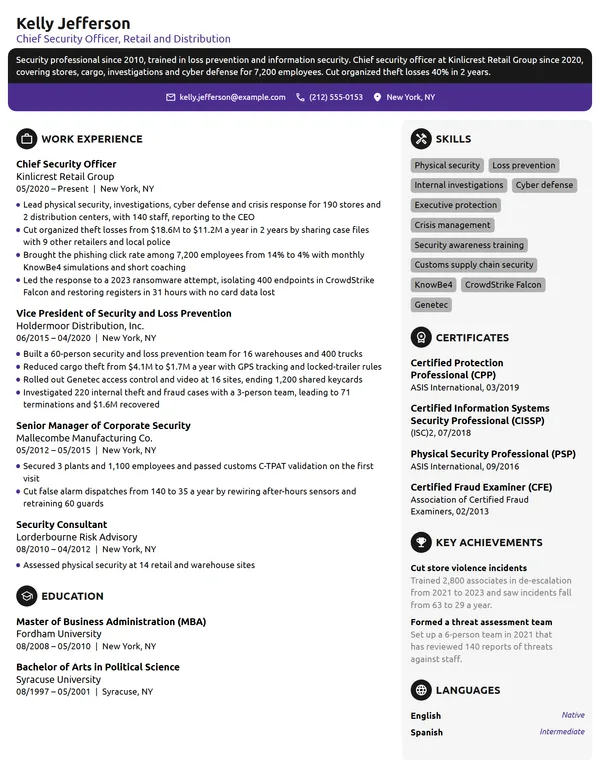 Chief Security Officer resume example