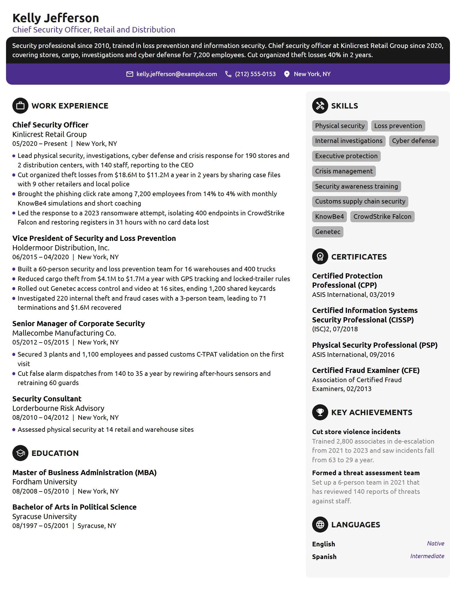 Chief Security Officer resume example