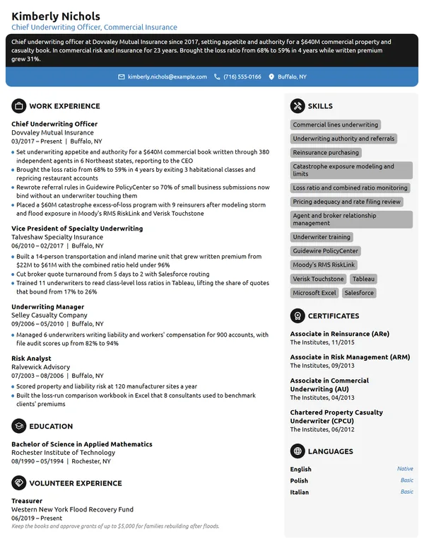 Chief Underwriting Officer resume example
