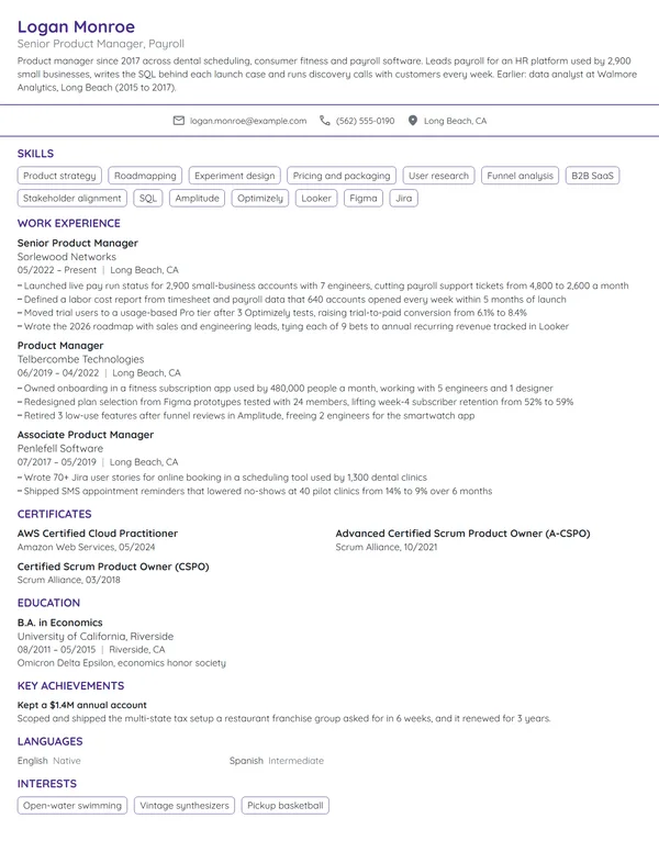 FAANG Product Manager resume example