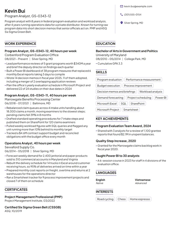 Federal Government resume example