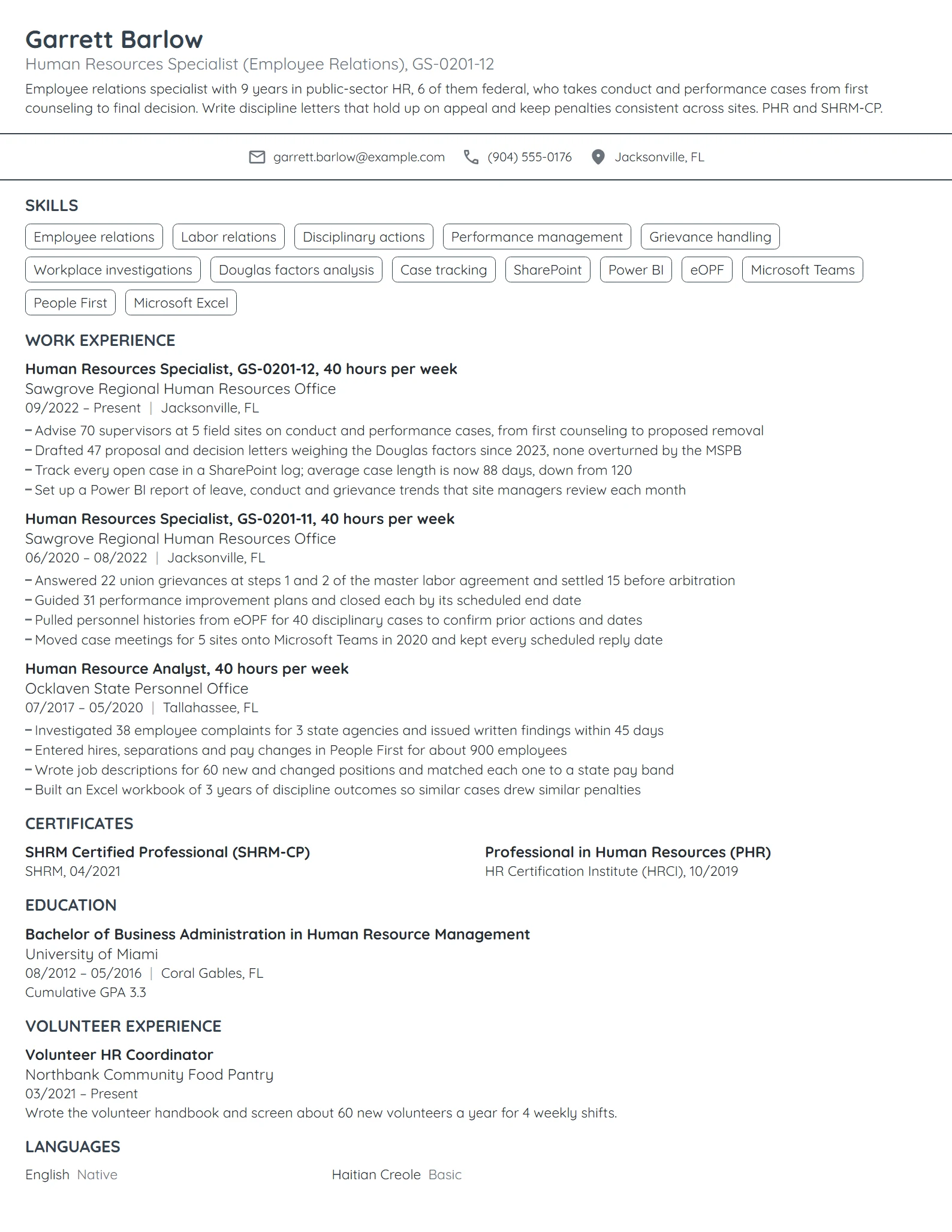 Human Resources Specialist resume example