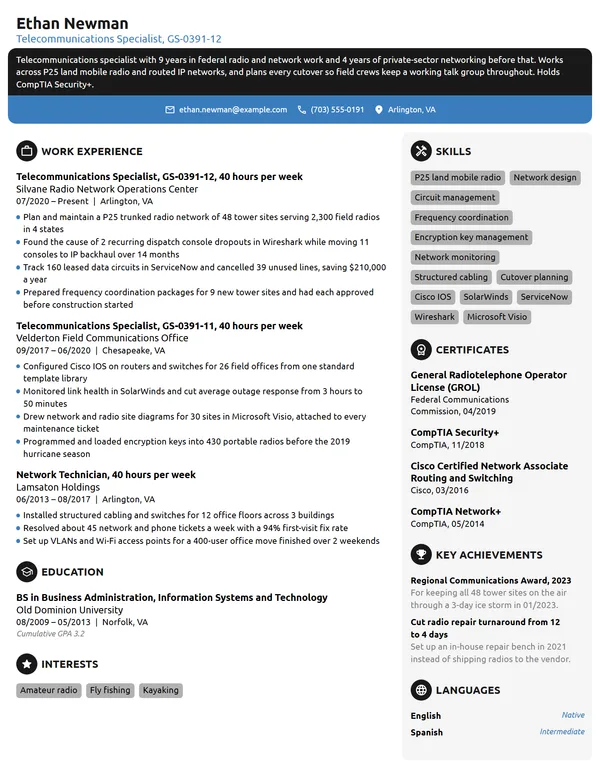 Telecommunications Specialist resume example