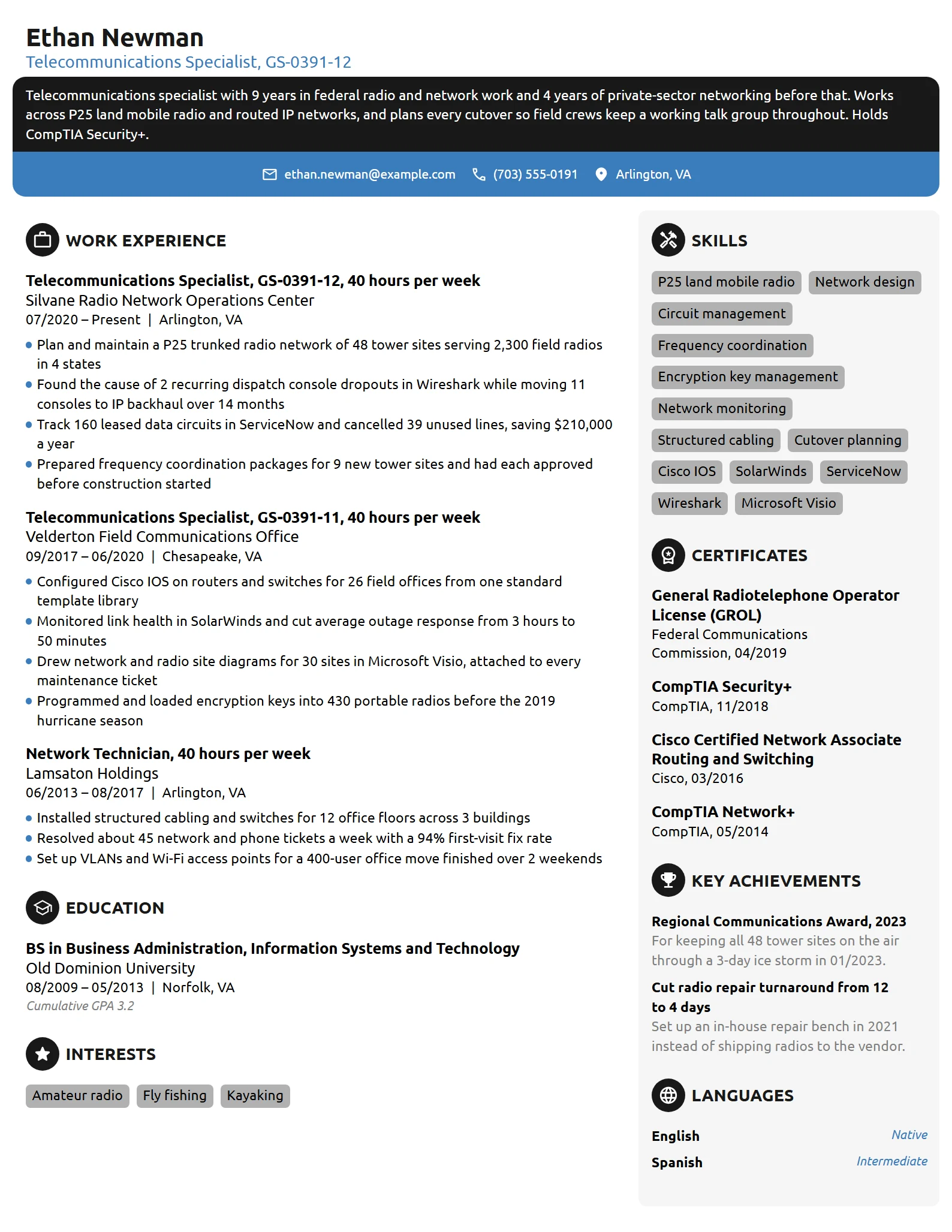 Telecommunications Specialist resume example