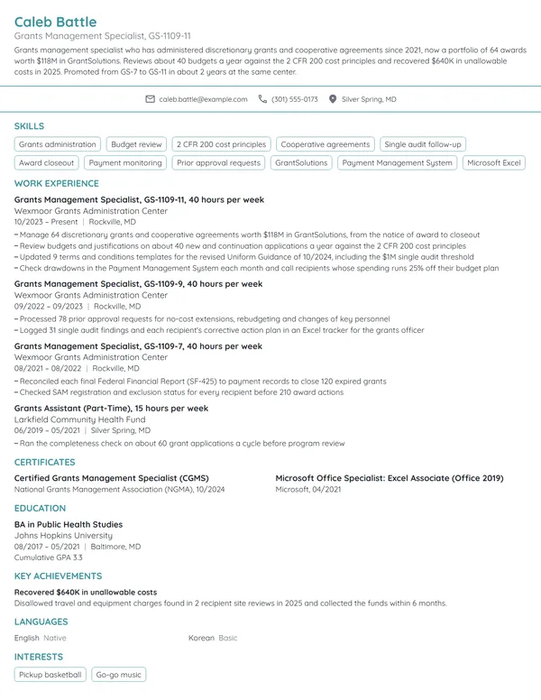 Grants Management Specialist resume example