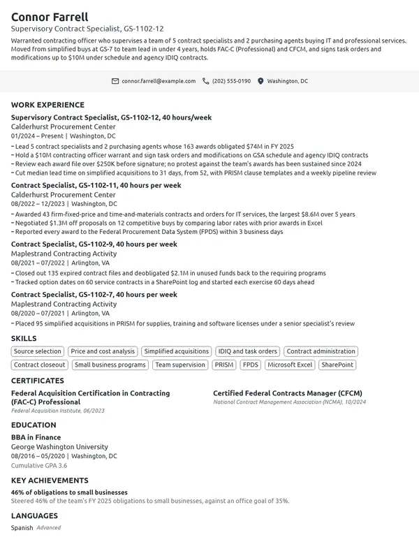 Supervisory Contract Specialist resume example