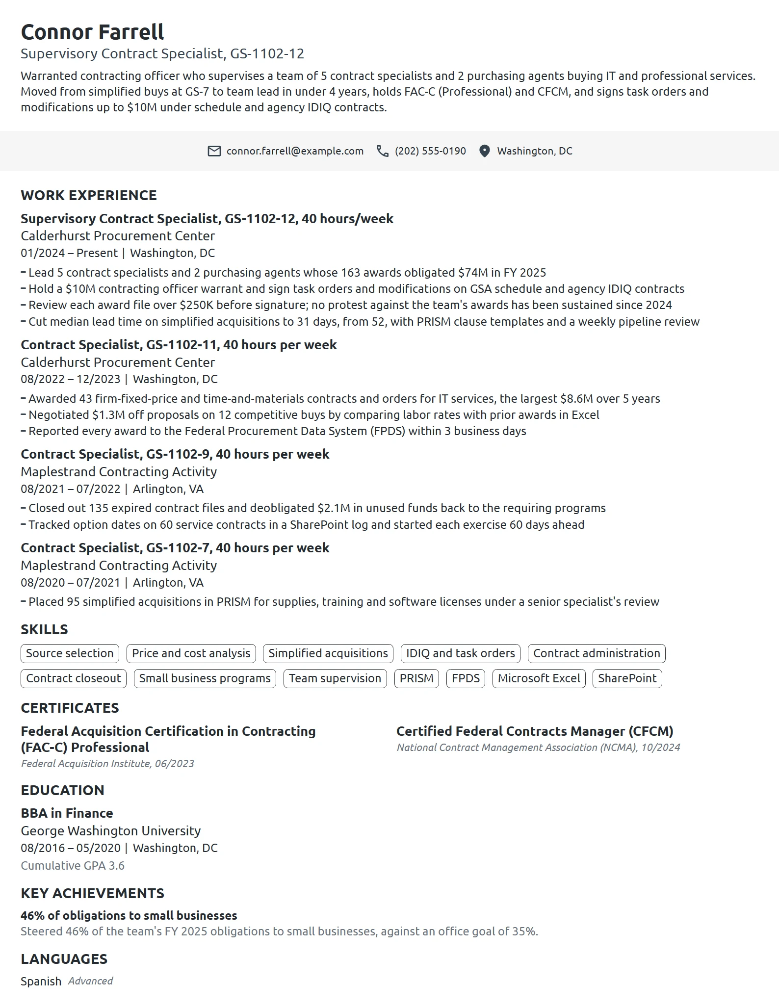 Supervisory Contract Specialist resume example