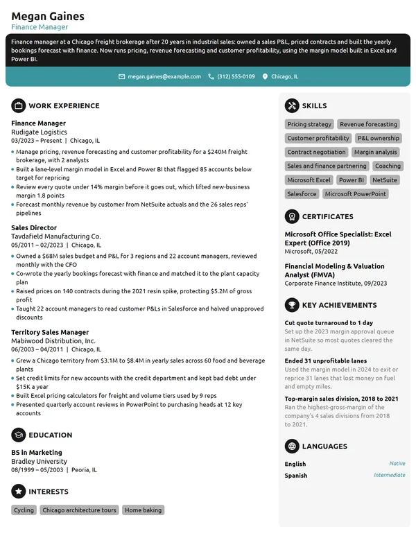 Career Change Finance Manager resume example