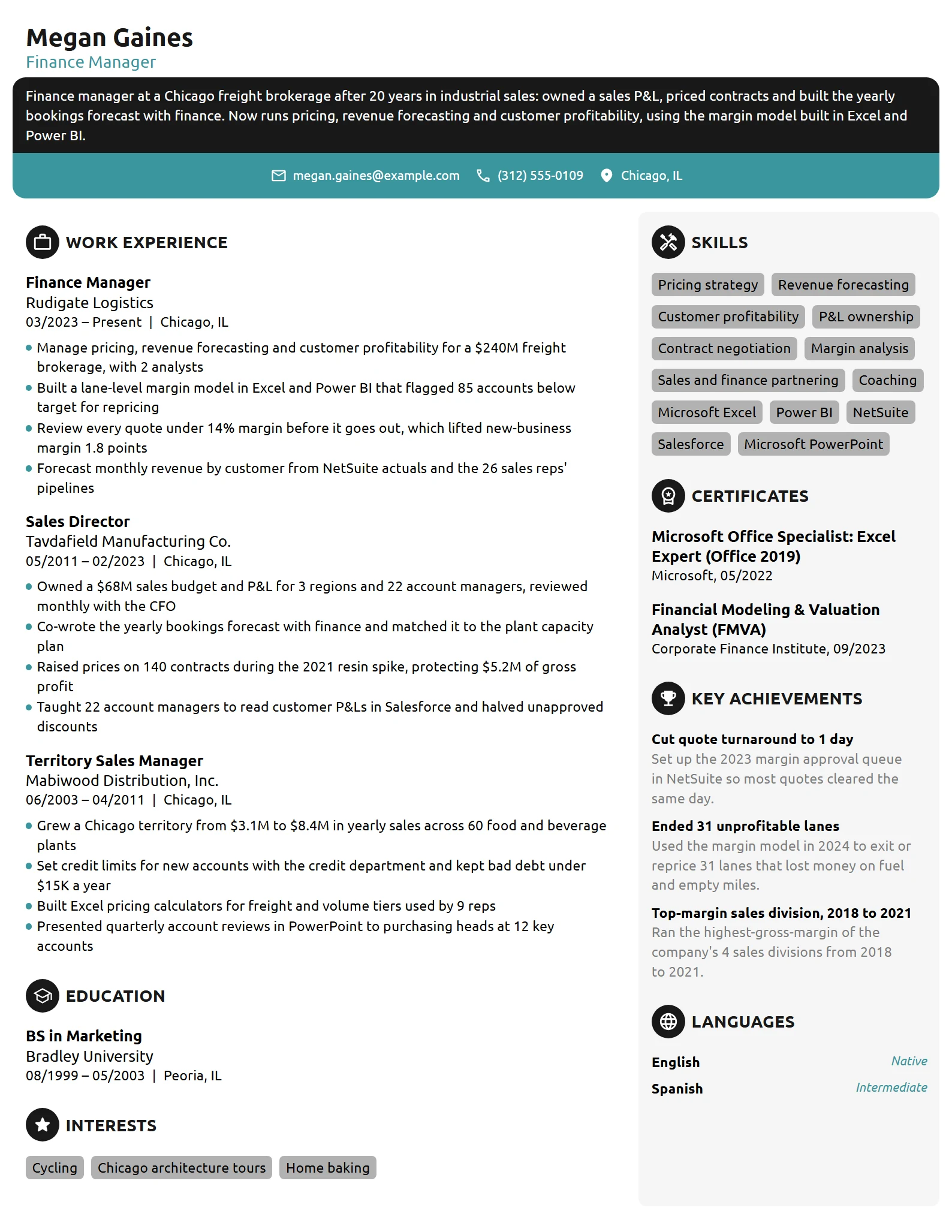 Career Change Finance Manager resume example