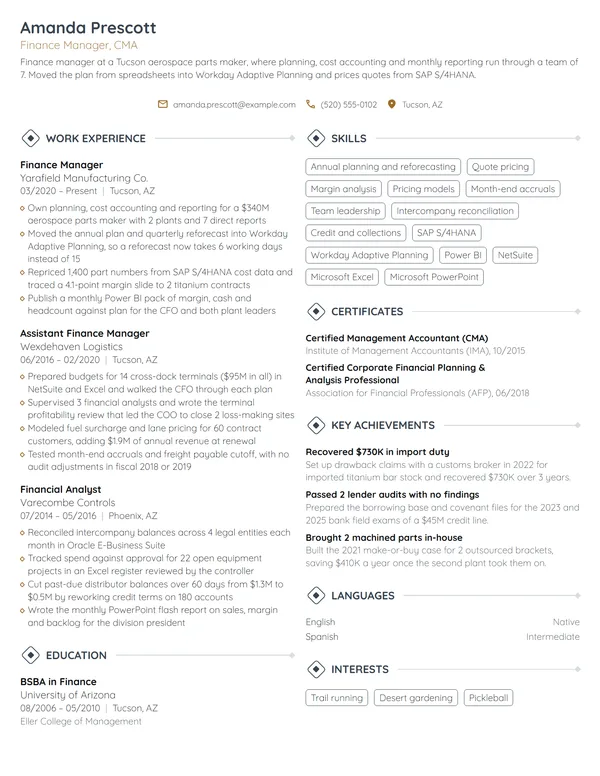 Finance Manager resume example