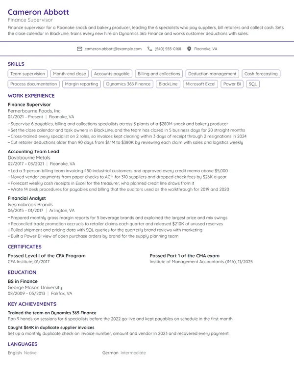 Finance Supervisor resume example