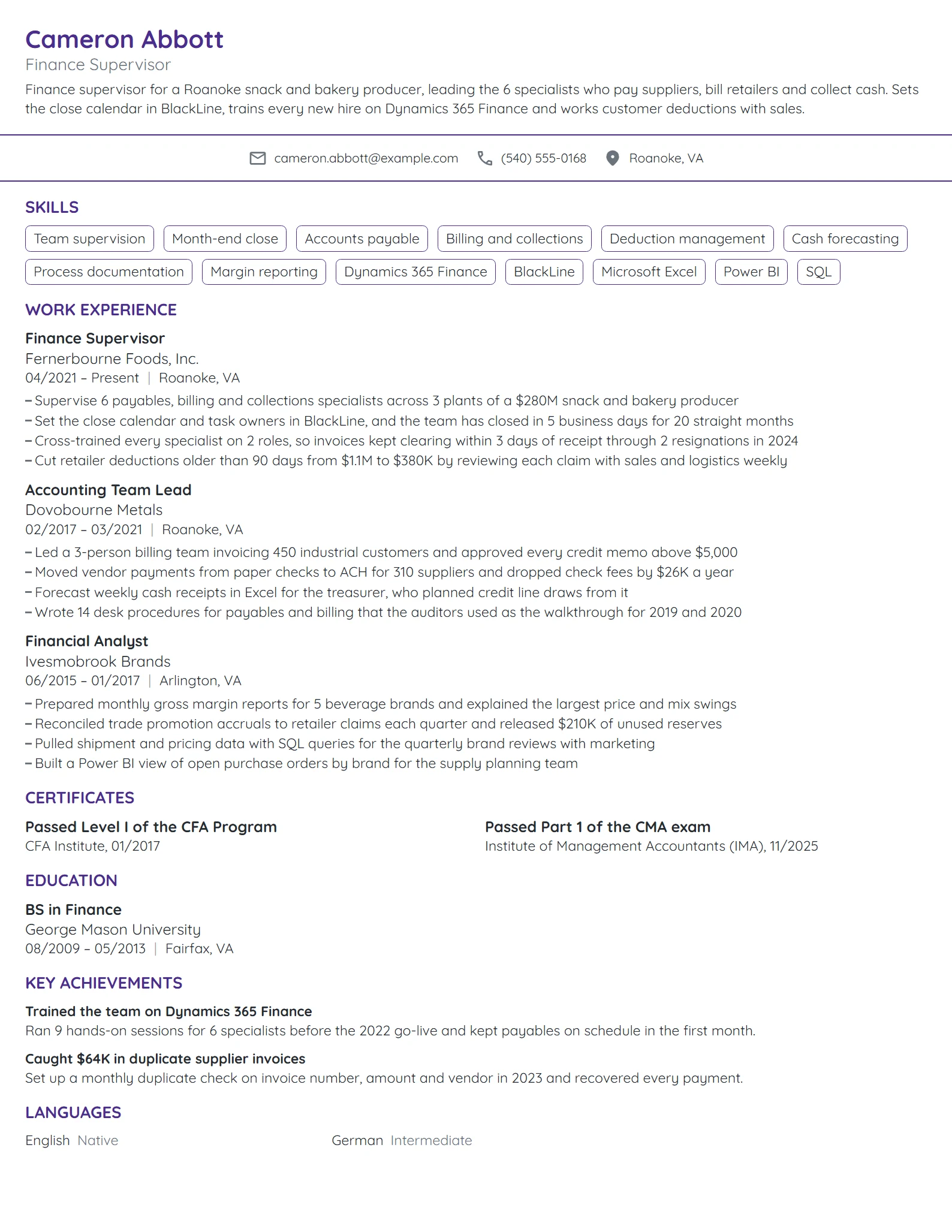 Finance Supervisor resume example