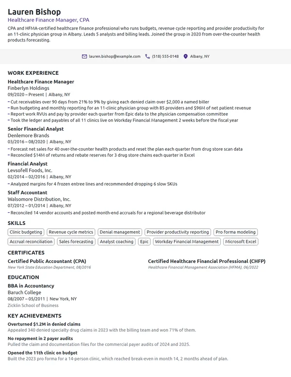 Healthcare Finance Manager resume example