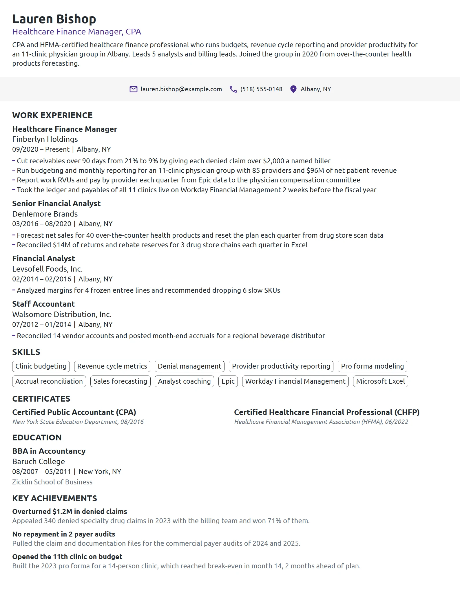 Healthcare Finance Manager resume example