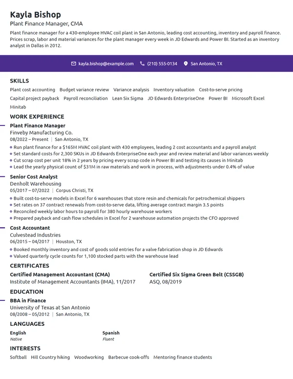 Plant Finance Manager resume example