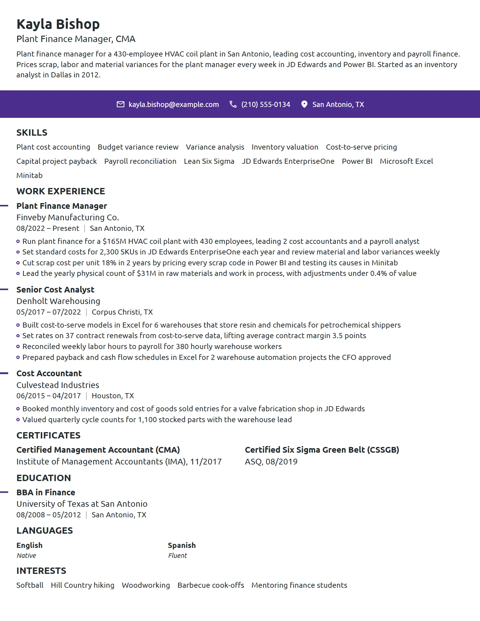 Plant Finance Manager resume example