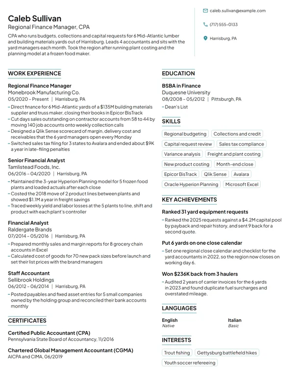Regional Finance Manager resume example