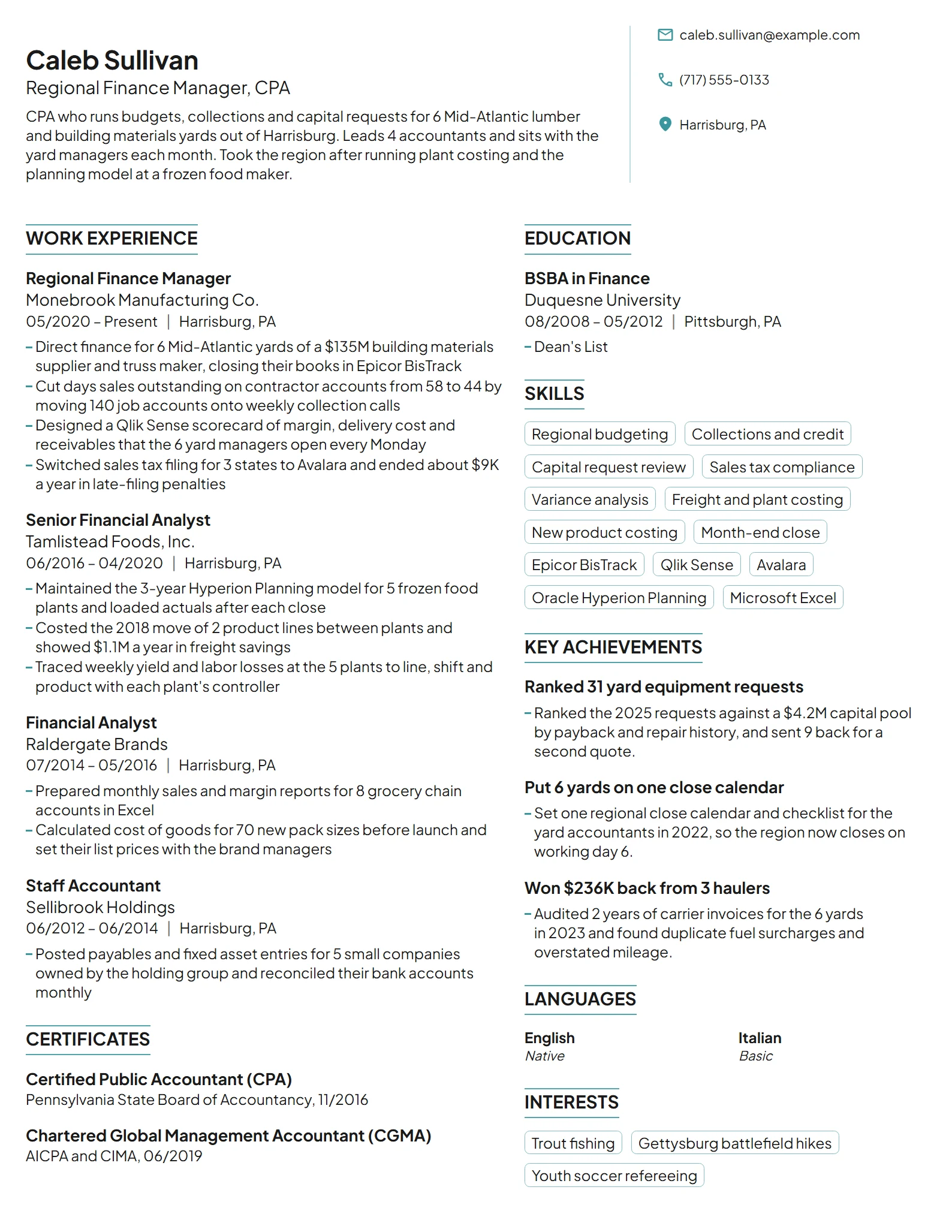 Regional Finance Manager resume example