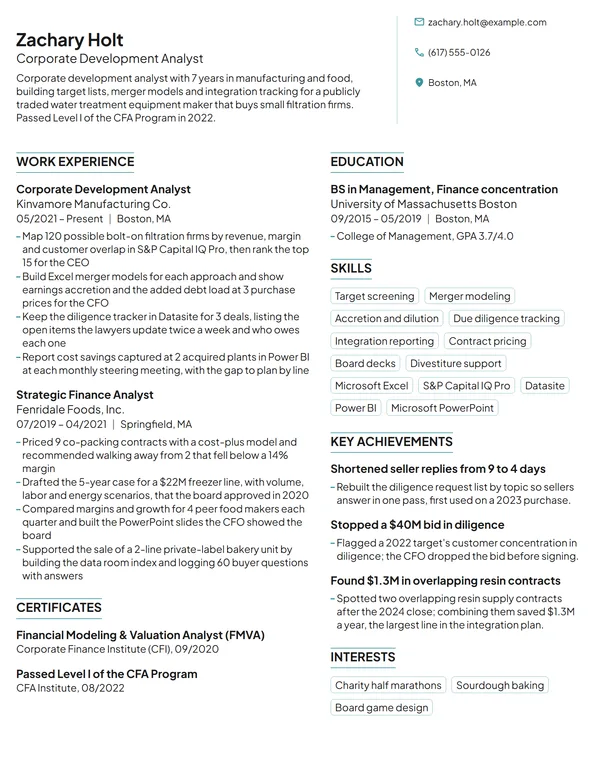 Corporate Development Analyst resume example