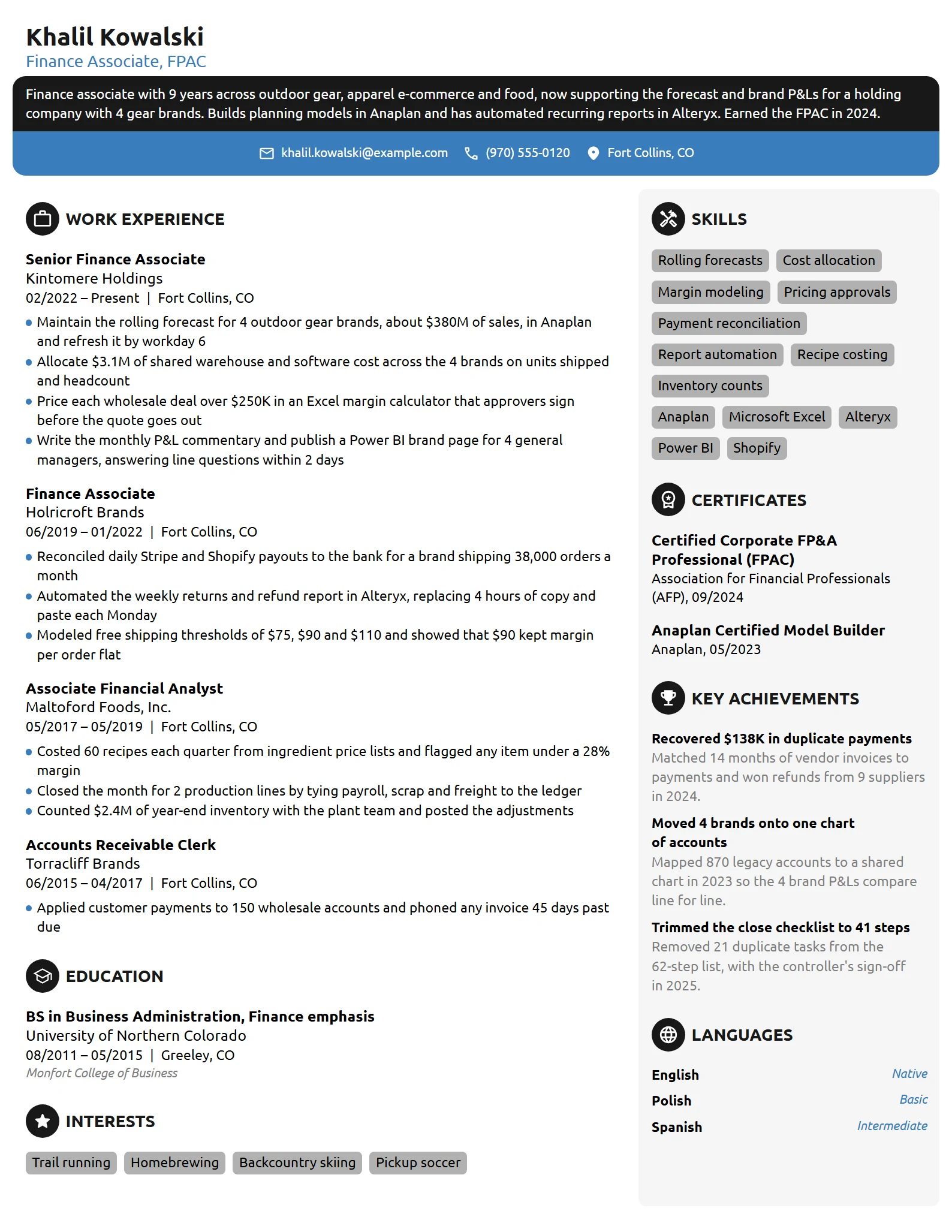 Finance Associate resume example