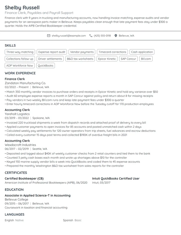 Finance Clerk resume example