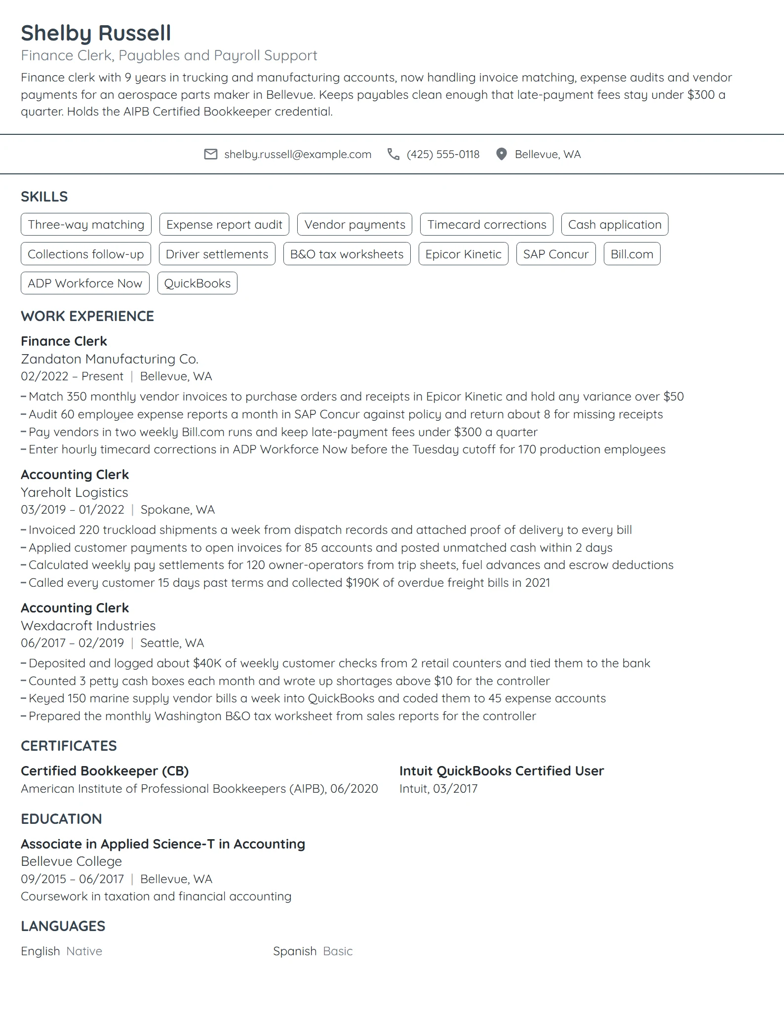 Finance Clerk resume example
