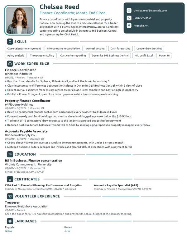Finance Coordinator resume example