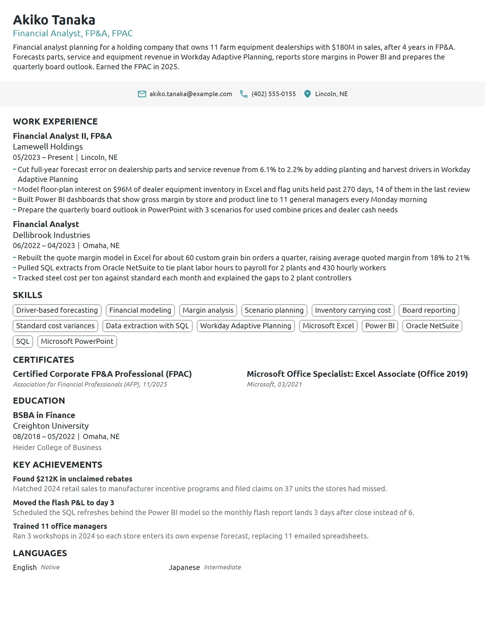 Finance resume example