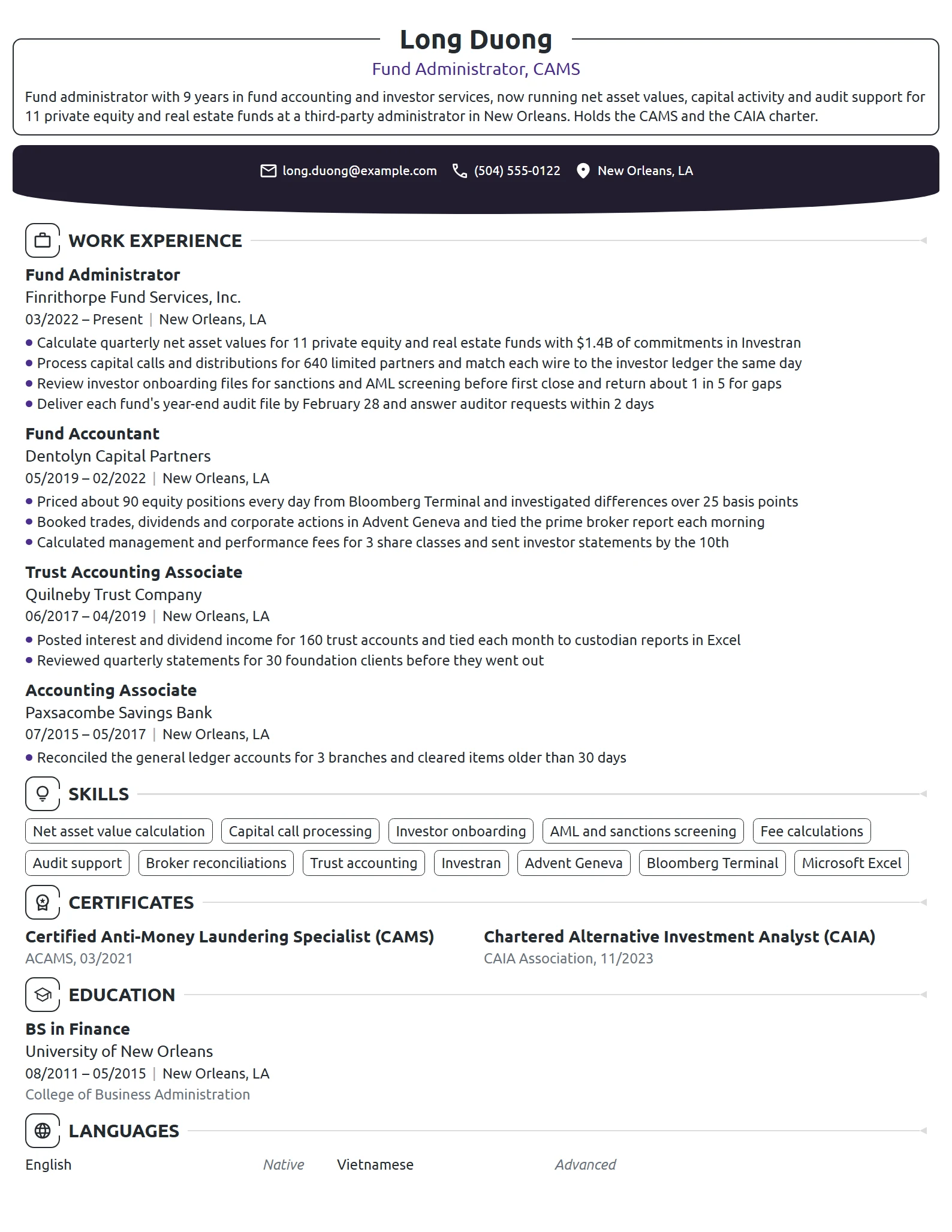 Fund Administrator resume example