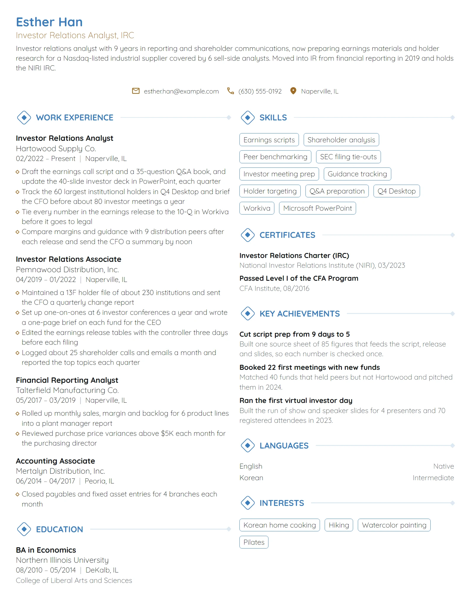 Investor Relations Analyst resume example