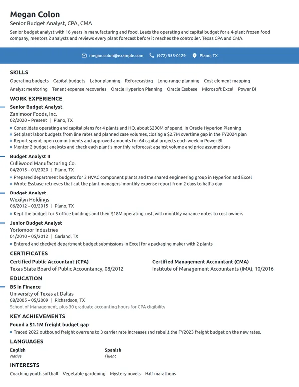 Senior Budget Analyst resume example