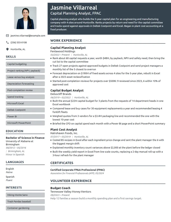 Capital Planning Analyst resume example