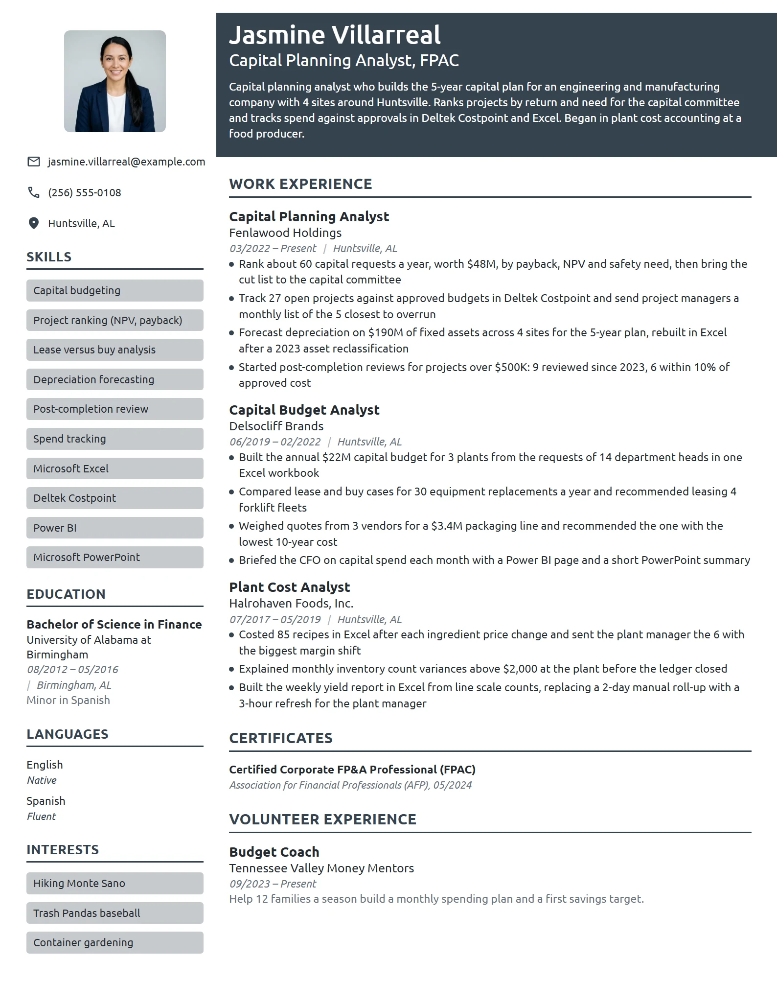 Capital Planning Analyst resume example