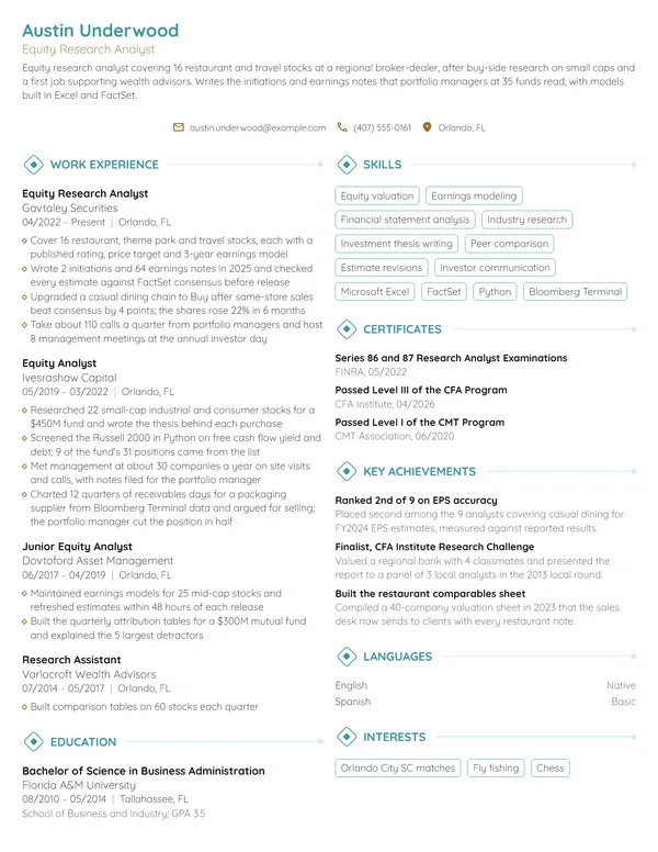 Equity Research Analyst resume example