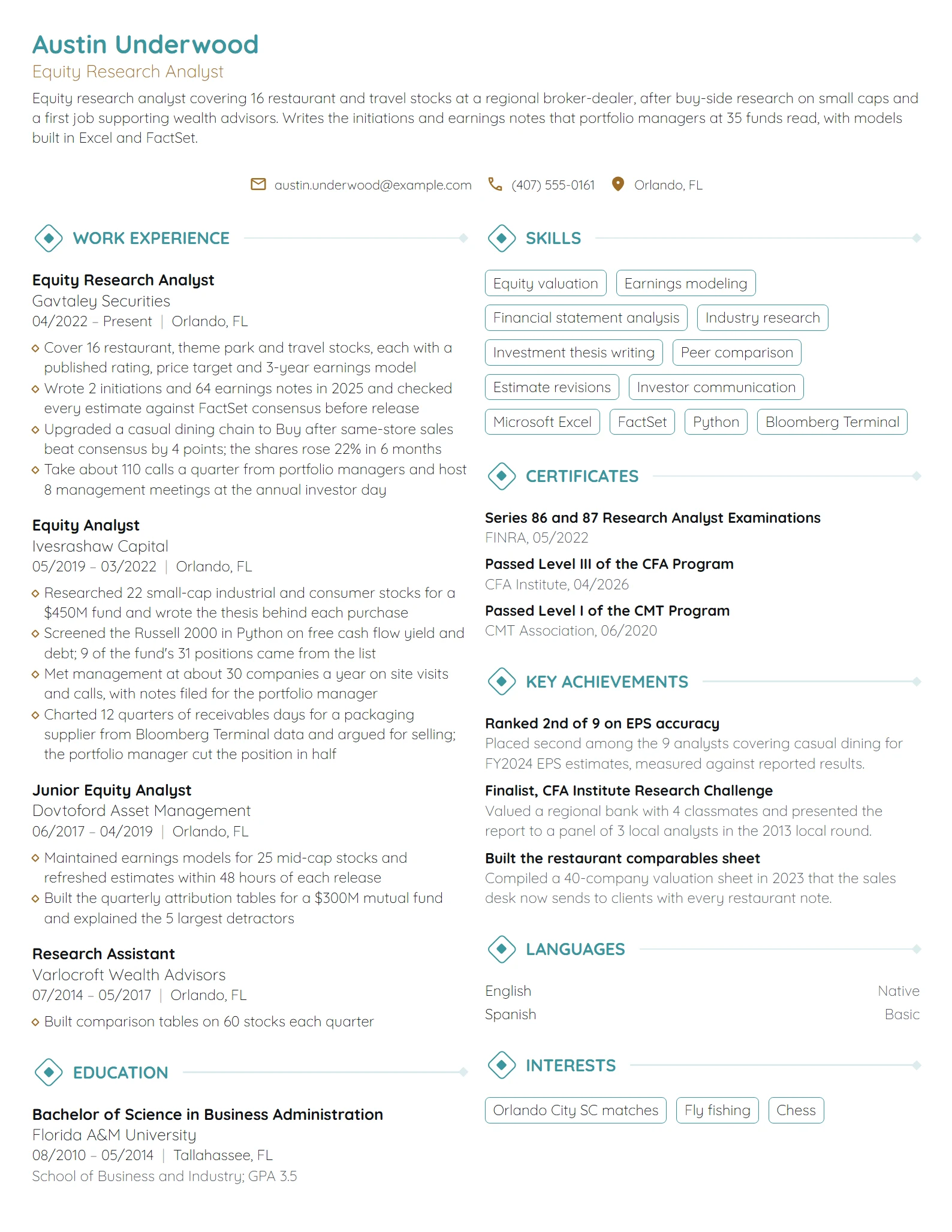 Equity Research Analyst resume example