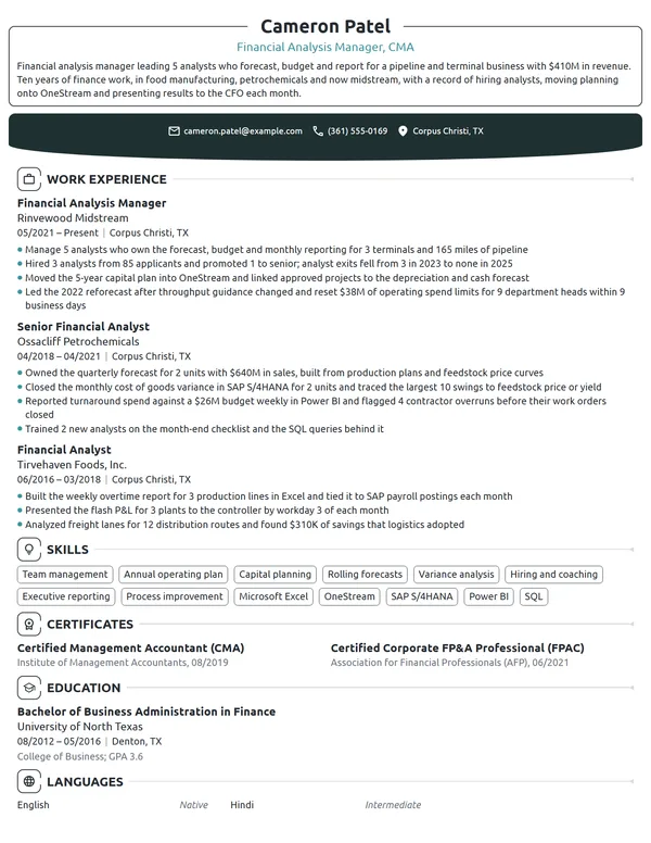 Financial Analysis Manager resume example